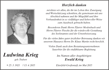 Traueranzeige von Ludwina Krieg 