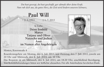 Traueranzeige von Paul Will 