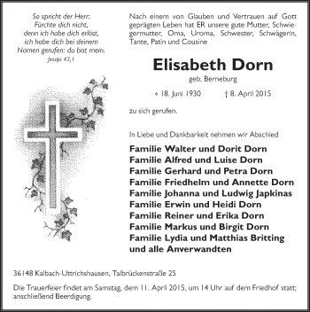 Traueranzeige von Elisabeth Dorn 