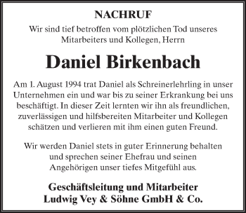 Traueranzeige von Daniel Birkenbach 