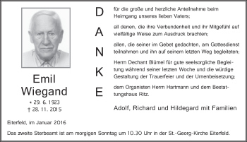 Traueranzeige von Emil Wiegand 