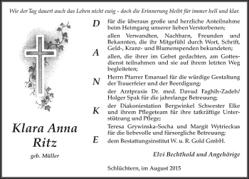 Traueranzeige von Klara Anna Ritz 