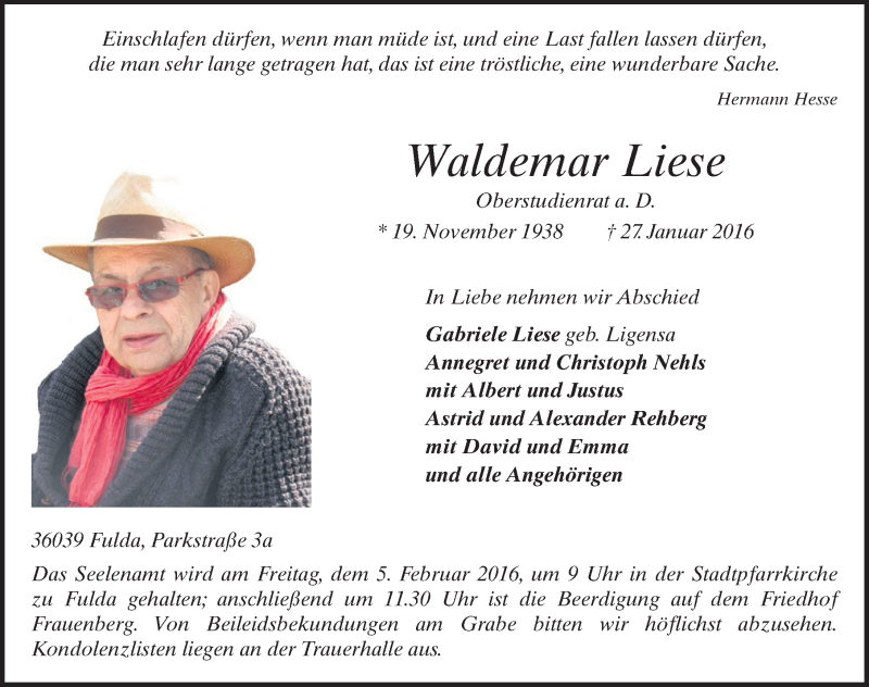  Traueranzeige für Waldemar Liese vom 01.02.2016 aus 