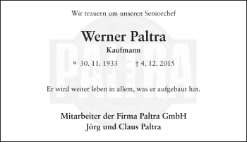 Traueranzeige von Werner Paltra 