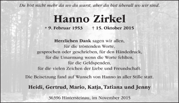 Traueranzeige von Hanno Zirkel 