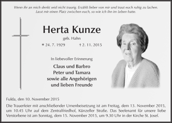 Traueranzeige von Herta Kunze 