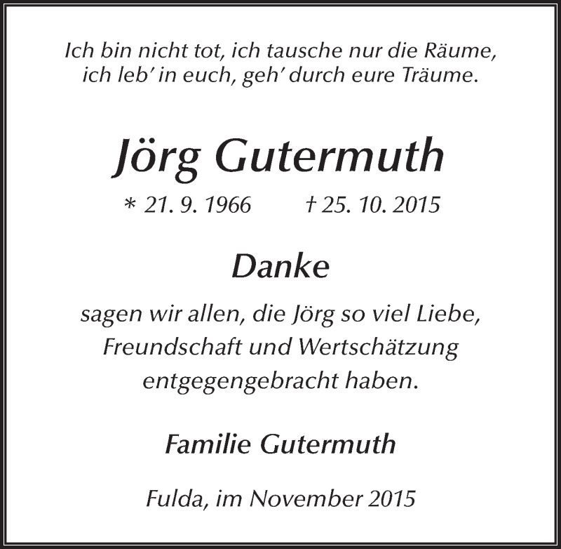  Traueranzeige für Jörg Gutermuth vom 27.11.2015 aus 