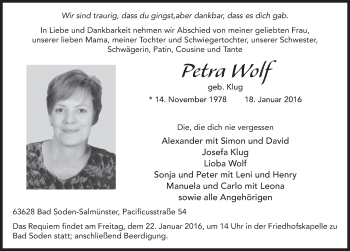 Traueranzeige von Petra Wolf 