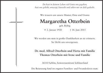 Traueranzeige von Margaretha Otterbein 