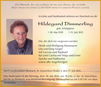 Traueranzeige von Hildegard Dimmerling 