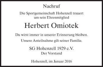 Traueranzeige von Herbert Omiotek 