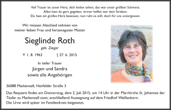 Traueranzeige von Sieglinde Roth 
