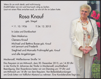 Traueranzeige von Rosa Knauf 