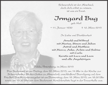 Traueranzeige von Irmgard Bug 