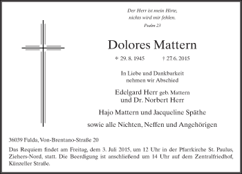 Traueranzeige von Dolores Mattern 