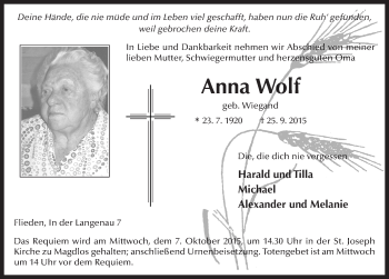Traueranzeige von Anna Wolf 