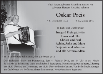 Traueranzeige von Oskar Preis 