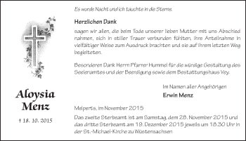Traueranzeige von Aloysia Menz 