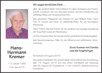 Traueranzeige von Hans-Hermann Kremer 