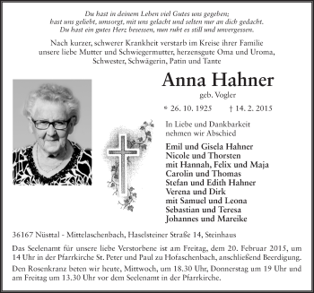 Traueranzeige von Anna Hahner 