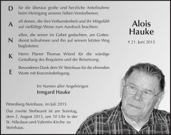 Traueranzeige von Alois Hauke 