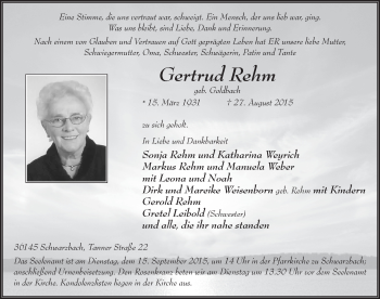 Traueranzeige von Gertrud Rehm 