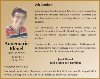 Traueranzeige von Annemarie Bleuel 
