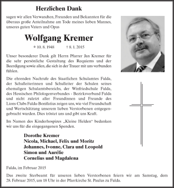 Traueranzeige von Wolfgang Kremer 