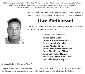Traueranzeige von Uwe Methfessel 