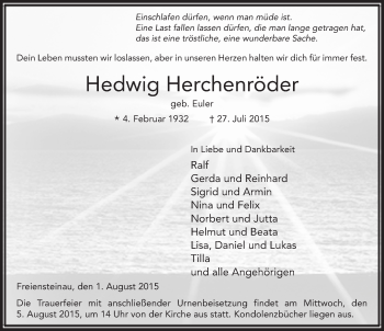 Traueranzeige von Hedwig Herchenröder 
