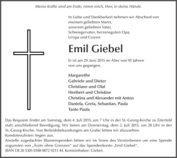 Traueranzeige von Emil Giebel 
