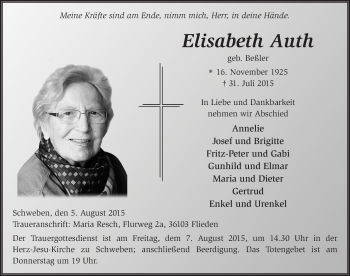 Traueranzeige von Elisabeth Auth 
