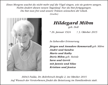 Traueranzeige von Hildegard Mihm von Fuldaer Zeitung