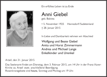 Traueranzeige von Anni Giebel 