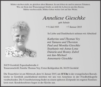 Traueranzeige von Anneliese Gieschke 