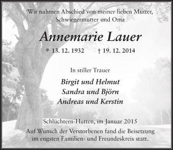 Traueranzeige von Annemarie Lauer 