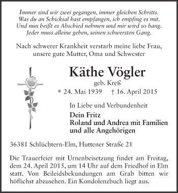 Traueranzeige von Käthe Vögler 