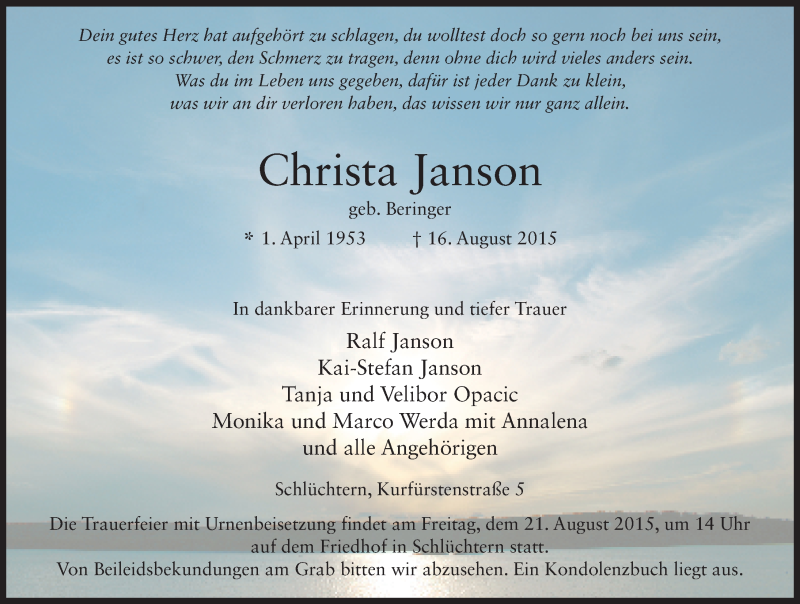  Traueranzeige für Christa Janson vom 18.08.2015 aus 