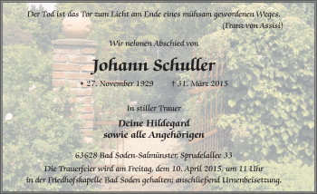Traueranzeige von Johann Schuller 