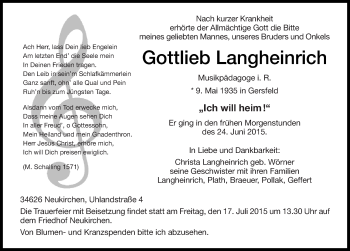 Traueranzeige von Gottlieb Langheinrich 