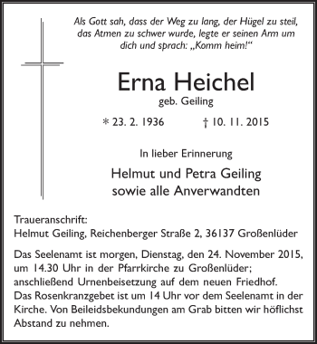 Traueranzeige von Erna Heichel 