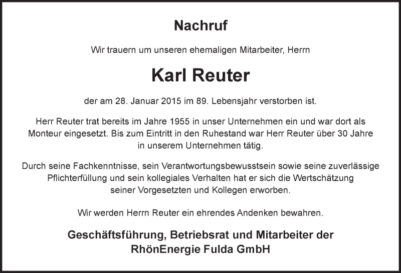  Traueranzeige für Karl Reuter vom 31.01.2015 aus 