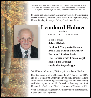 Traueranzeige von Leonhard Hahner 