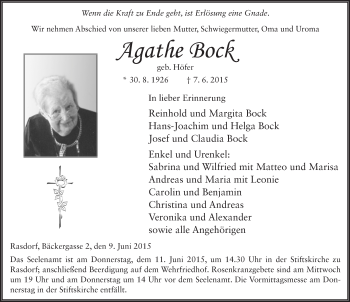 Traueranzeige von Agathe Bock 