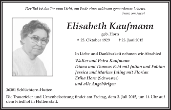 Traueranzeige von Elisabeth Kaufmann 