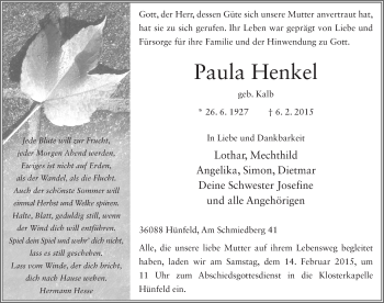 Traueranzeige von Paula Henkel 