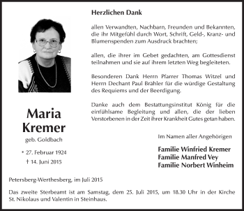 Traueranzeige von Maria Kremer 