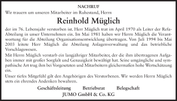 Traueranzeige von Reinhold Müglich 