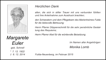 Traueranzeige von Margarete Euler 