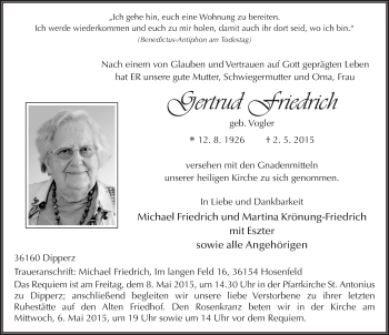 Traueranzeige von Gertrud Friedrich 